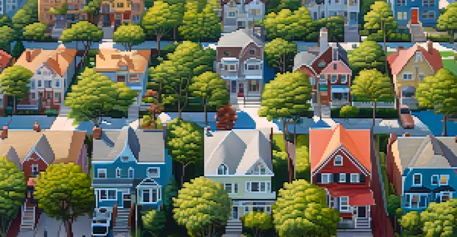 Aerial view of a Queens neighborhood featuring houses, parks, and families enjoying outdoor activities under a blue sky.