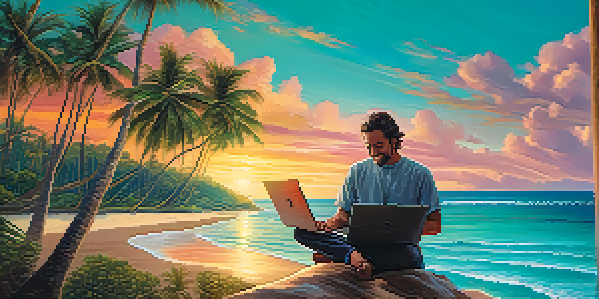 A person working on a laptop at a beach with palm trees and sunset.
