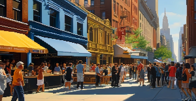 A lively street scene in New York City featuring a cultural institution with diverse visitors and street performers under warm afternoon sunlight.