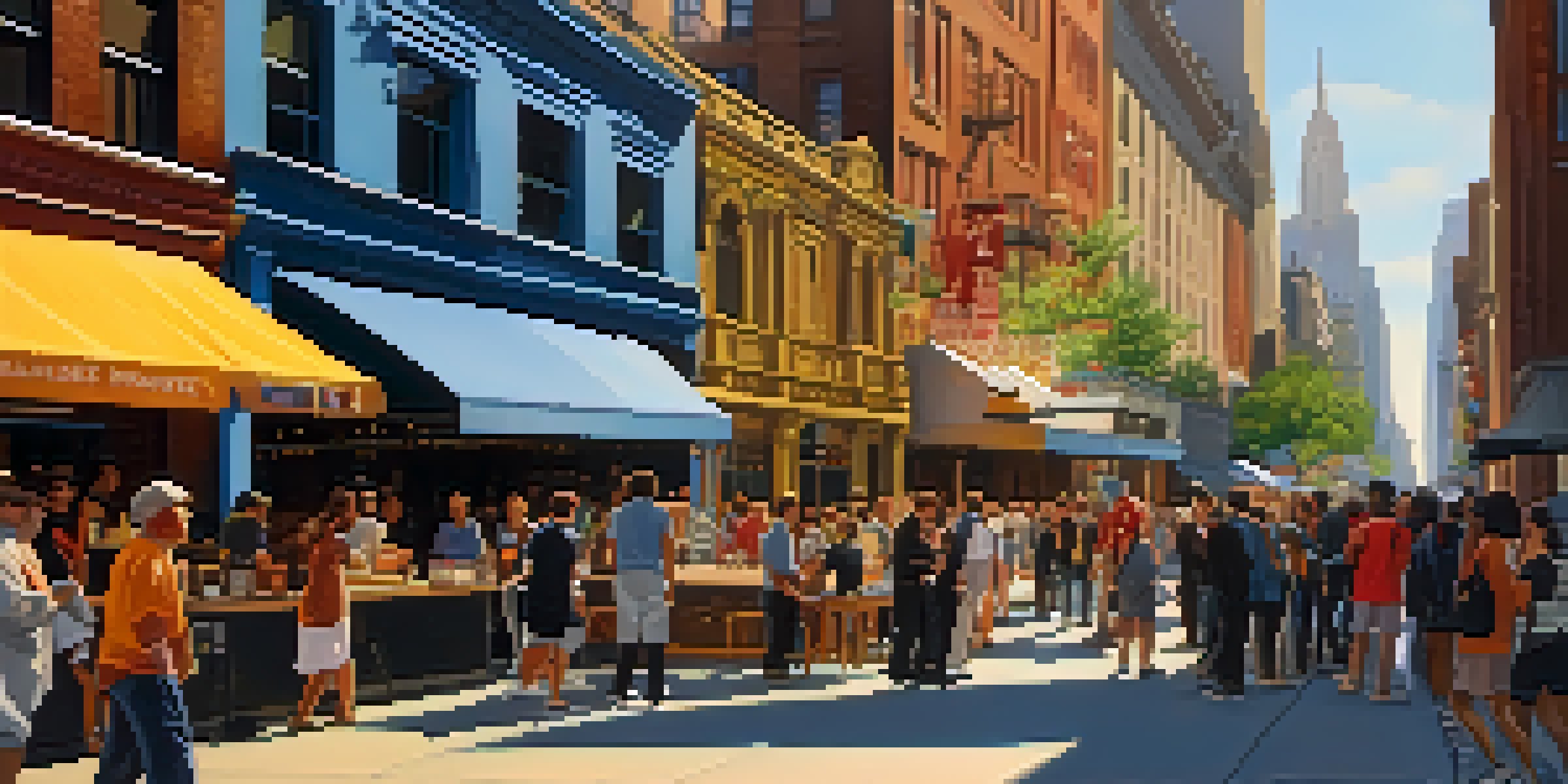 A lively street scene in New York City featuring a cultural institution with diverse visitors and street performers under warm afternoon sunlight.