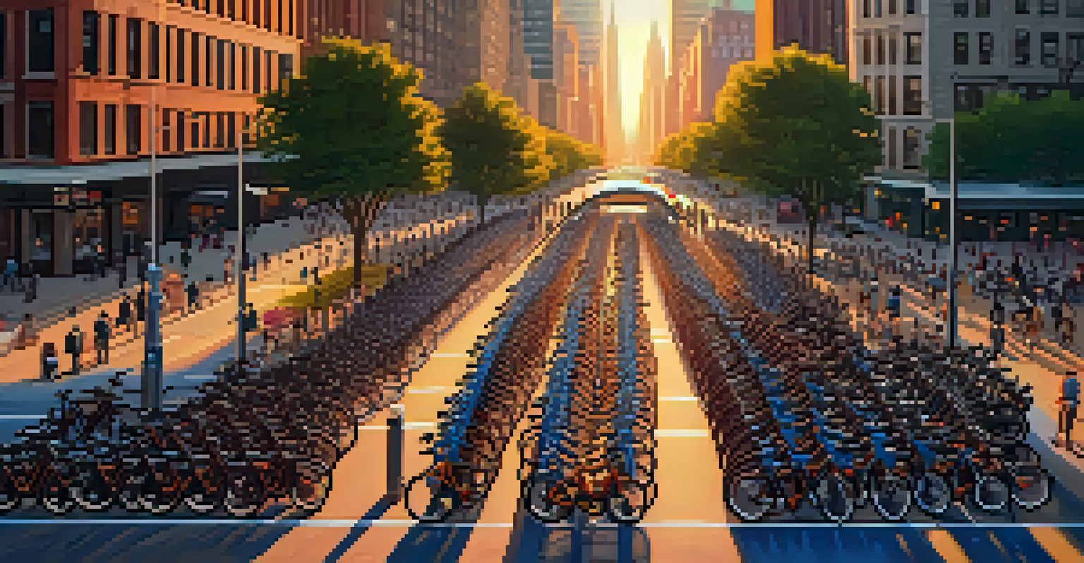 An aerial view of a busy Citi Bike docking station in New York City at sunset, with bikes and people around.