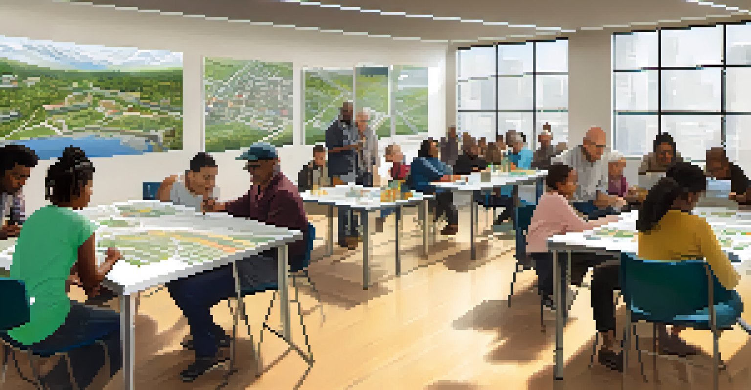 A community workshop with diverse residents discussing urban planning, using tablets and laptops, surrounded by posters of city designs in a well-lit room.