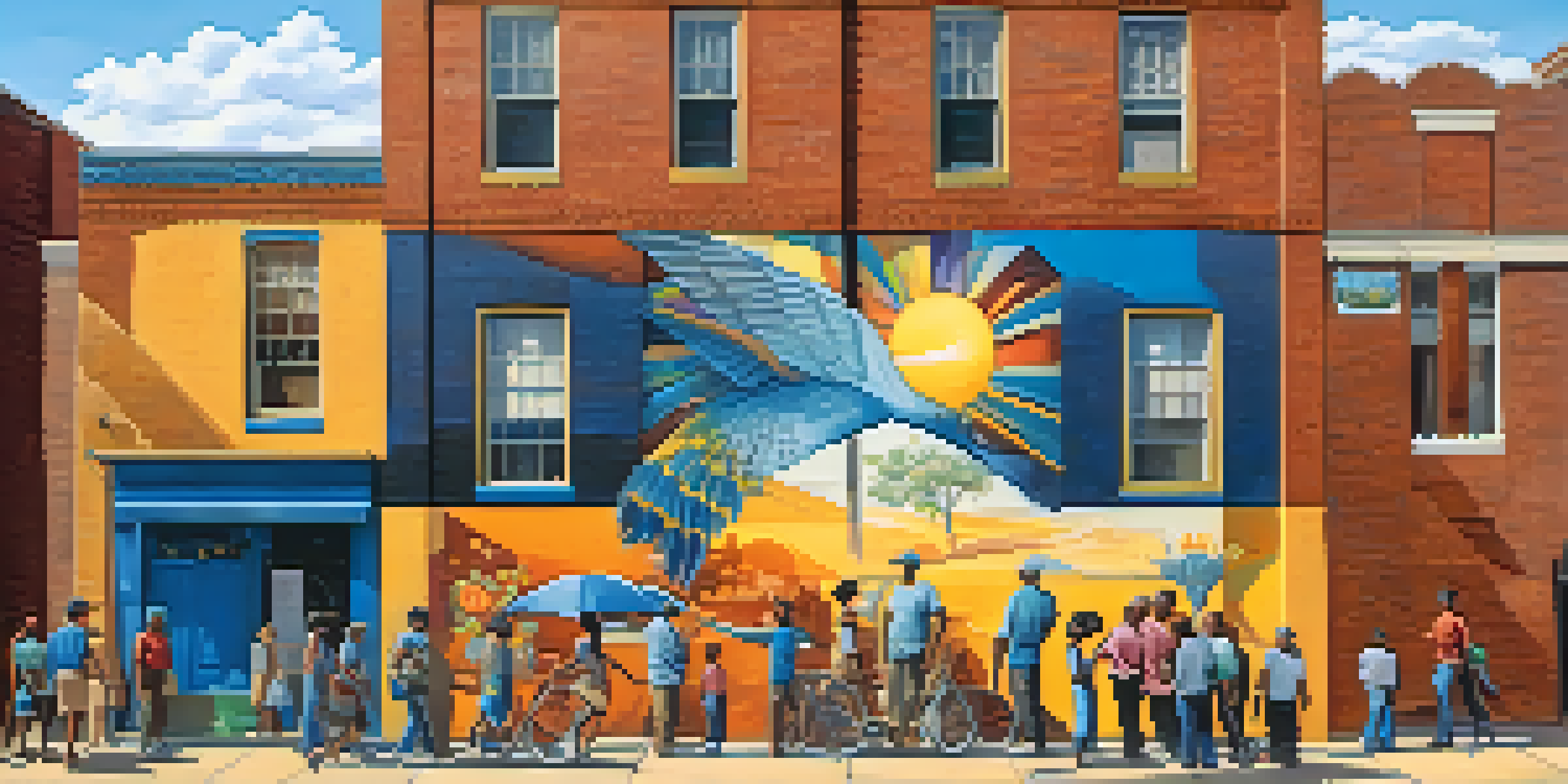 A colorful mural depicting local landmarks and cultural symbols on a brick building, with diverse residents admiring it.
