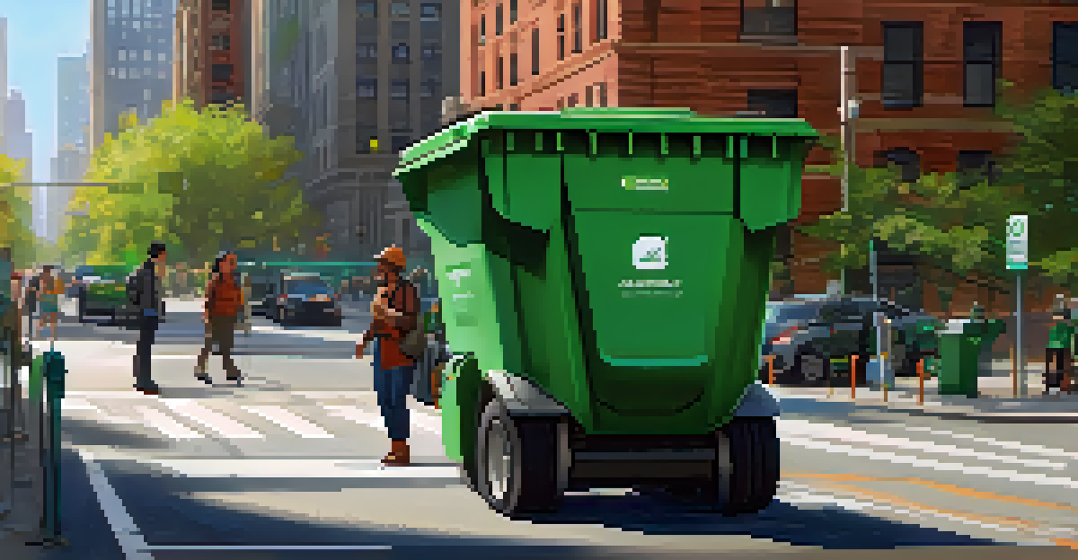 A modern smart waste bin in New York City with sensors, surrounded by pedestrians and a waste collector truck.