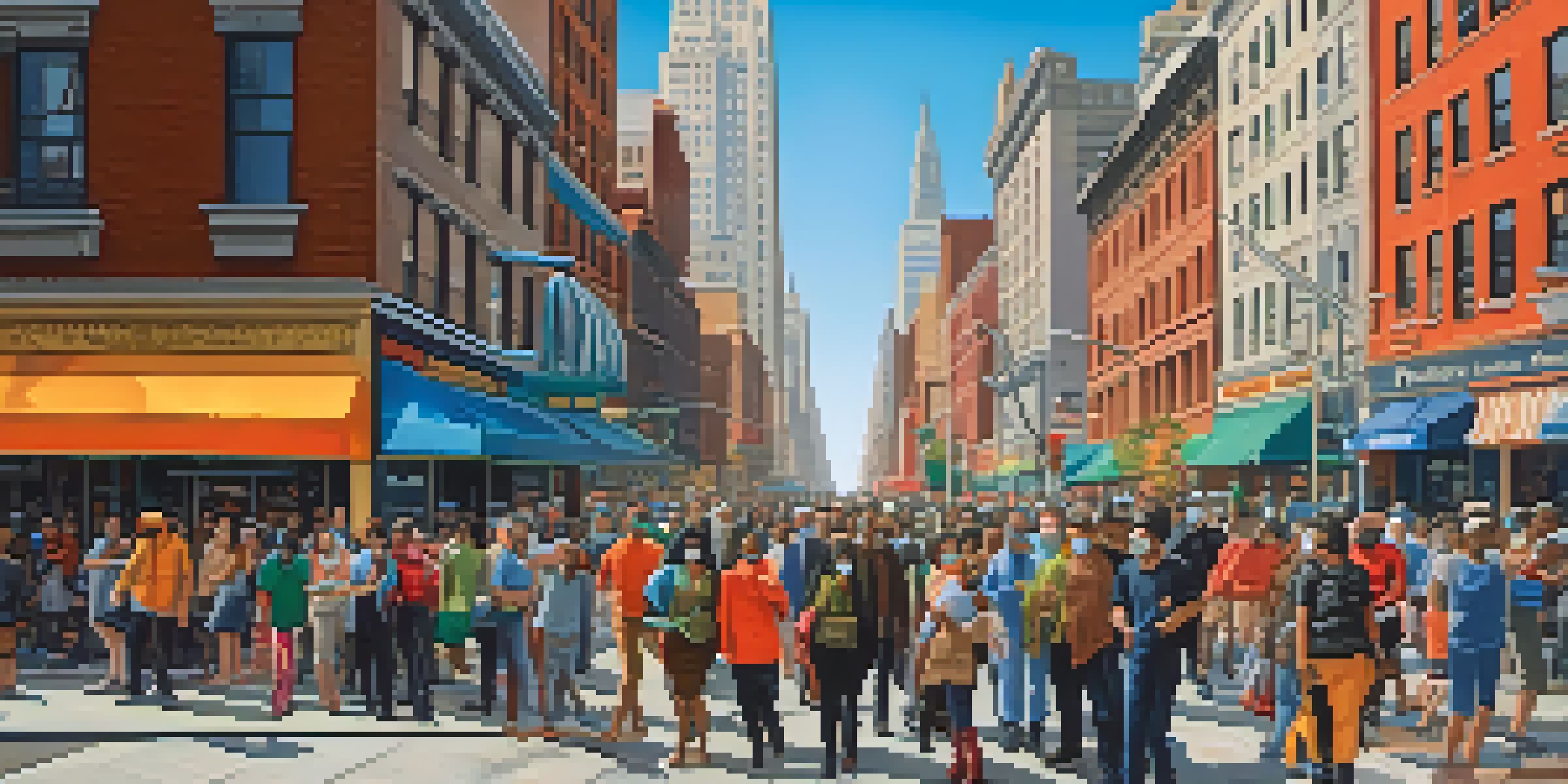A vibrant New York City street scene during a crisis, with diverse people wearing masks and adhering to safety measures, showing community cooperation.