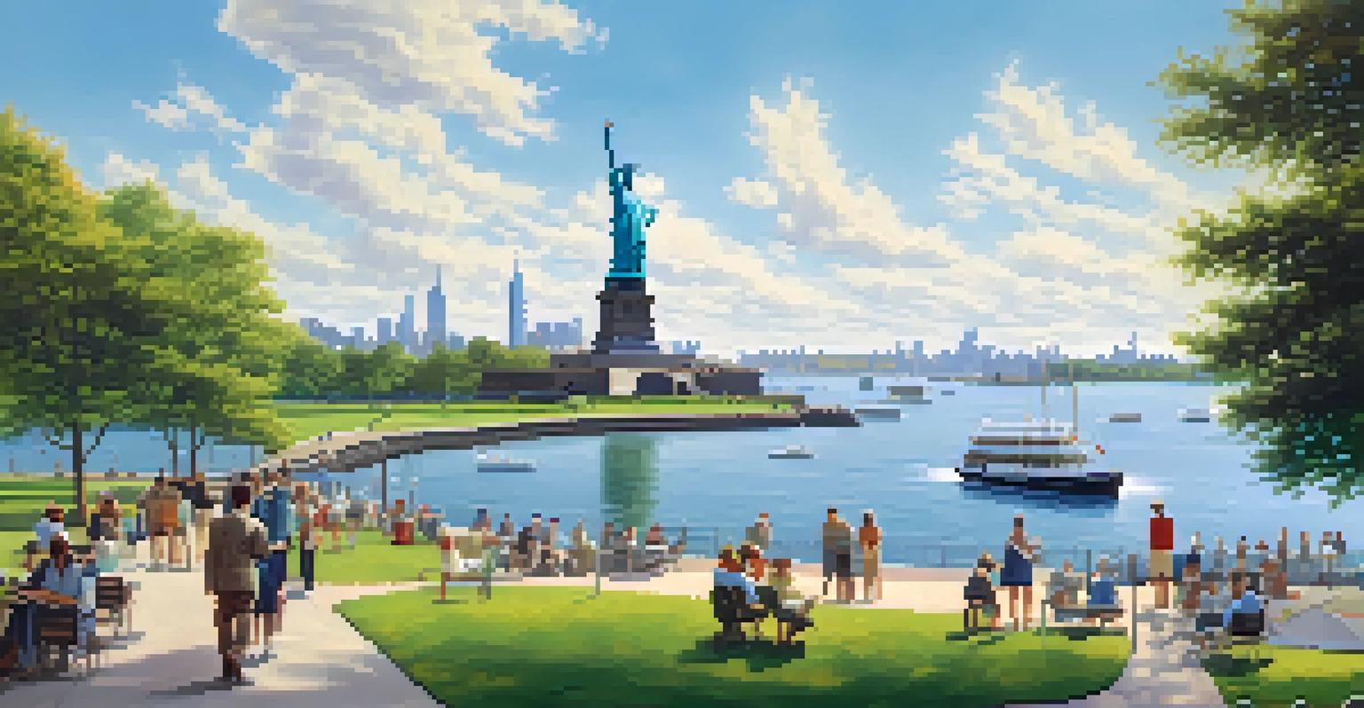 Panoramic view of Liberty Island featuring the Statue of Liberty and visitors in a sunny park setting.