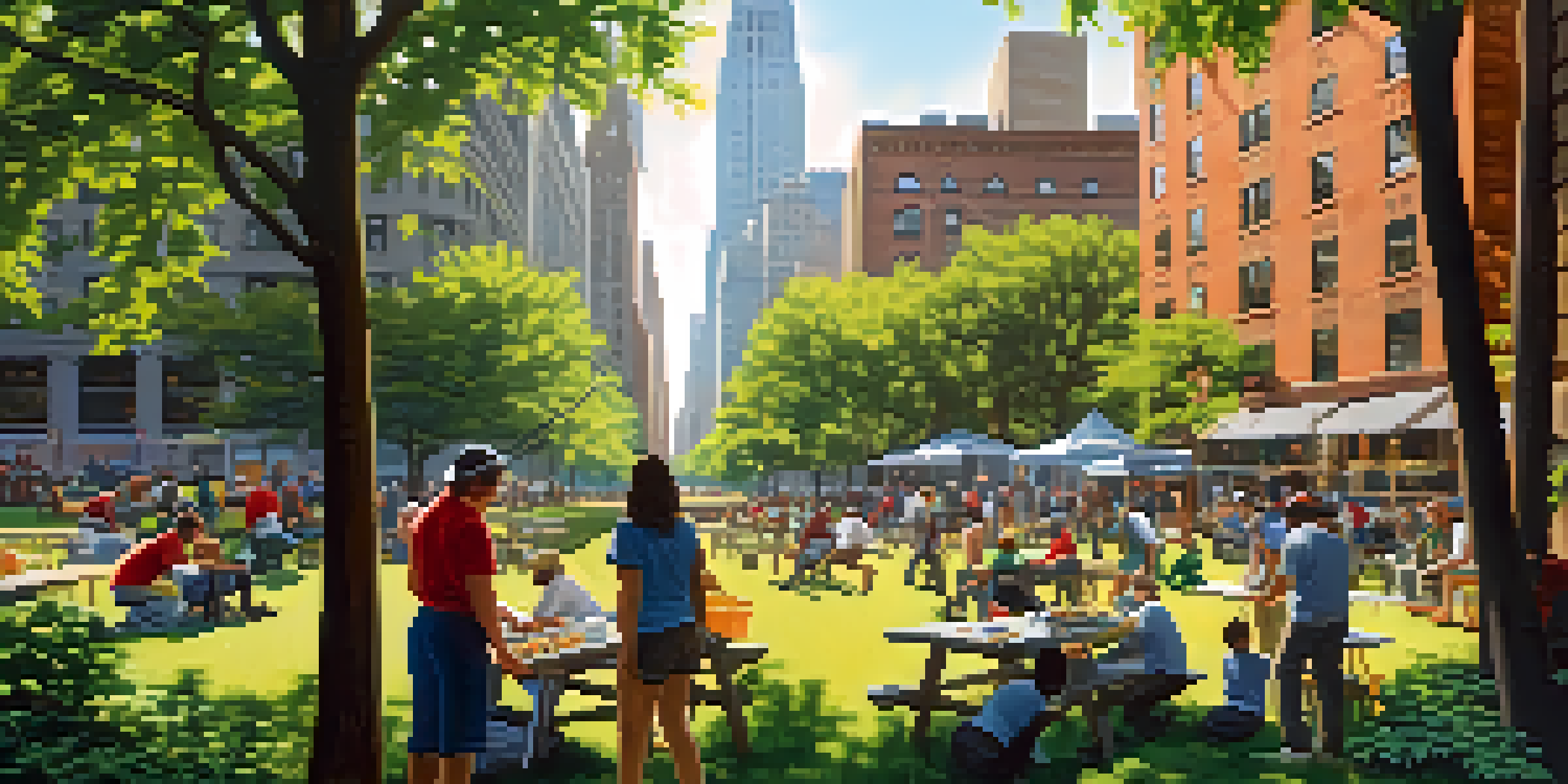 A diverse group of volunteers collaborating in a New York City park, engaged in activities like planting trees and painting a mural, with sunlight filtering through the trees.