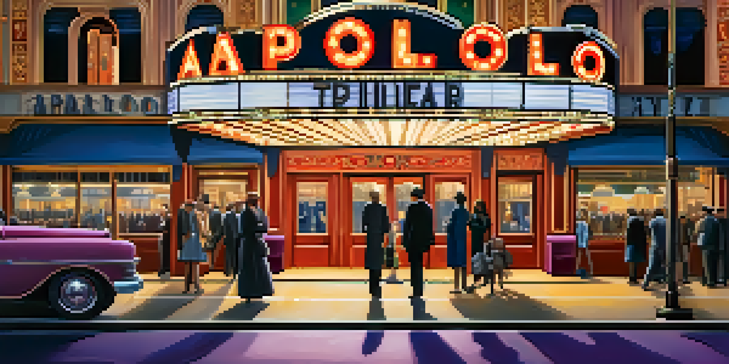 A bustling street scene in front of the Apollo Theater at twilight, with glowing marquee lights and stylishly dressed people.