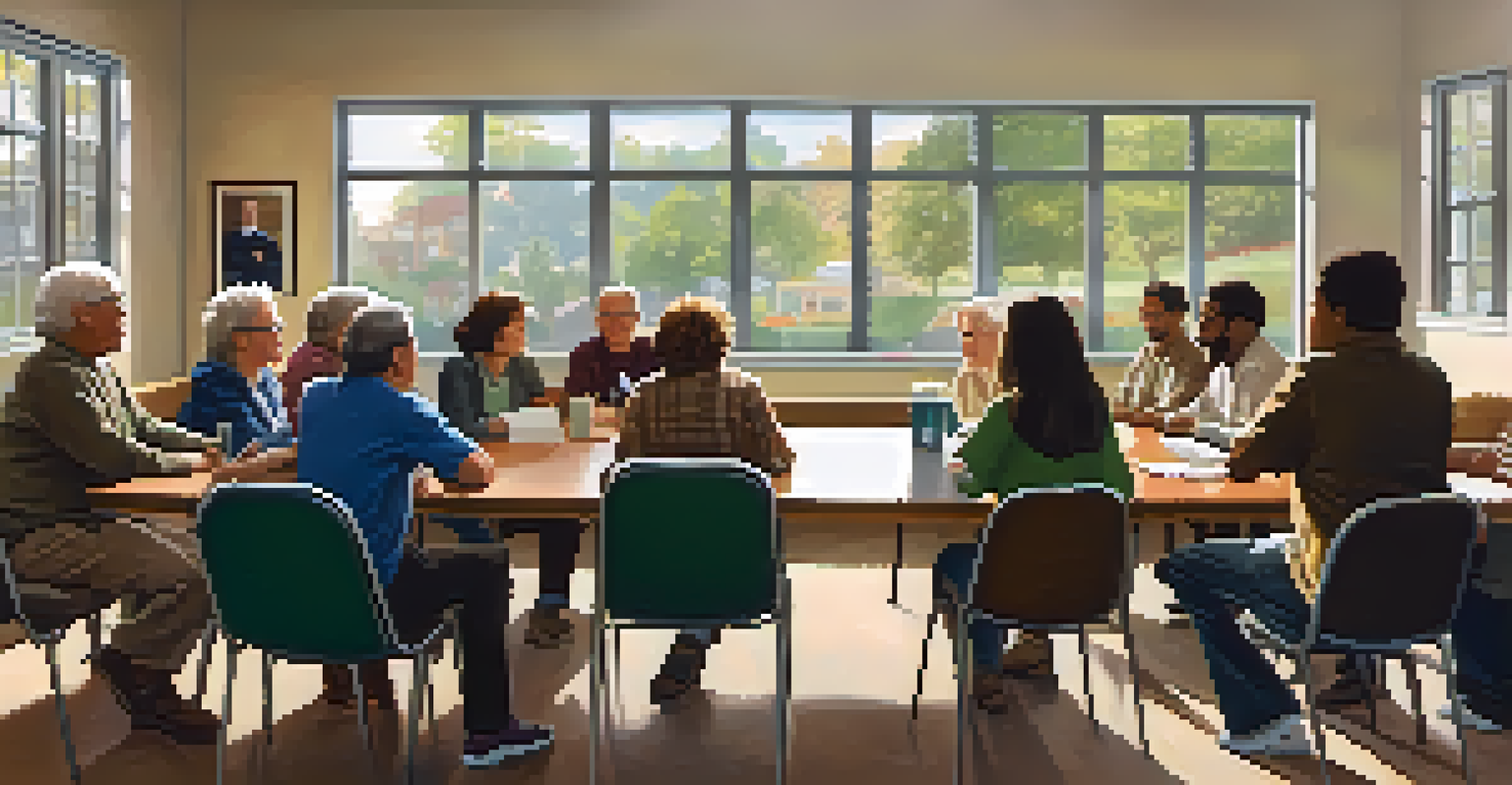 A neighborhood association meeting in a community center with residents seated around a round table discussing community goals.
