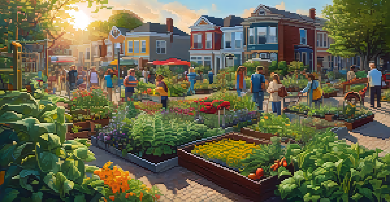 A lively community garden with diverse residents gardening, surrounded by vibrant flowers and a mural.