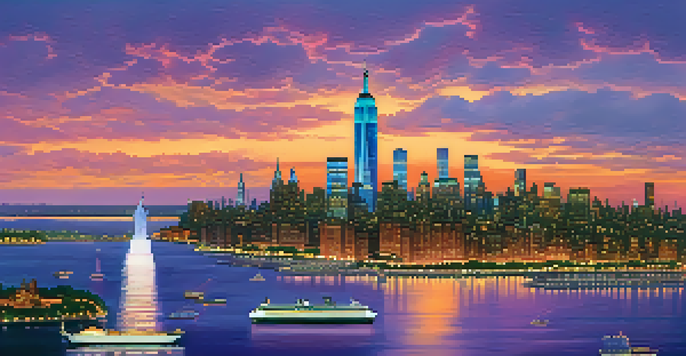 A beautiful sunset over the New York City skyline with the Empire State Building and One World Trade Center visible, and a glistening Hudson River in the foreground.