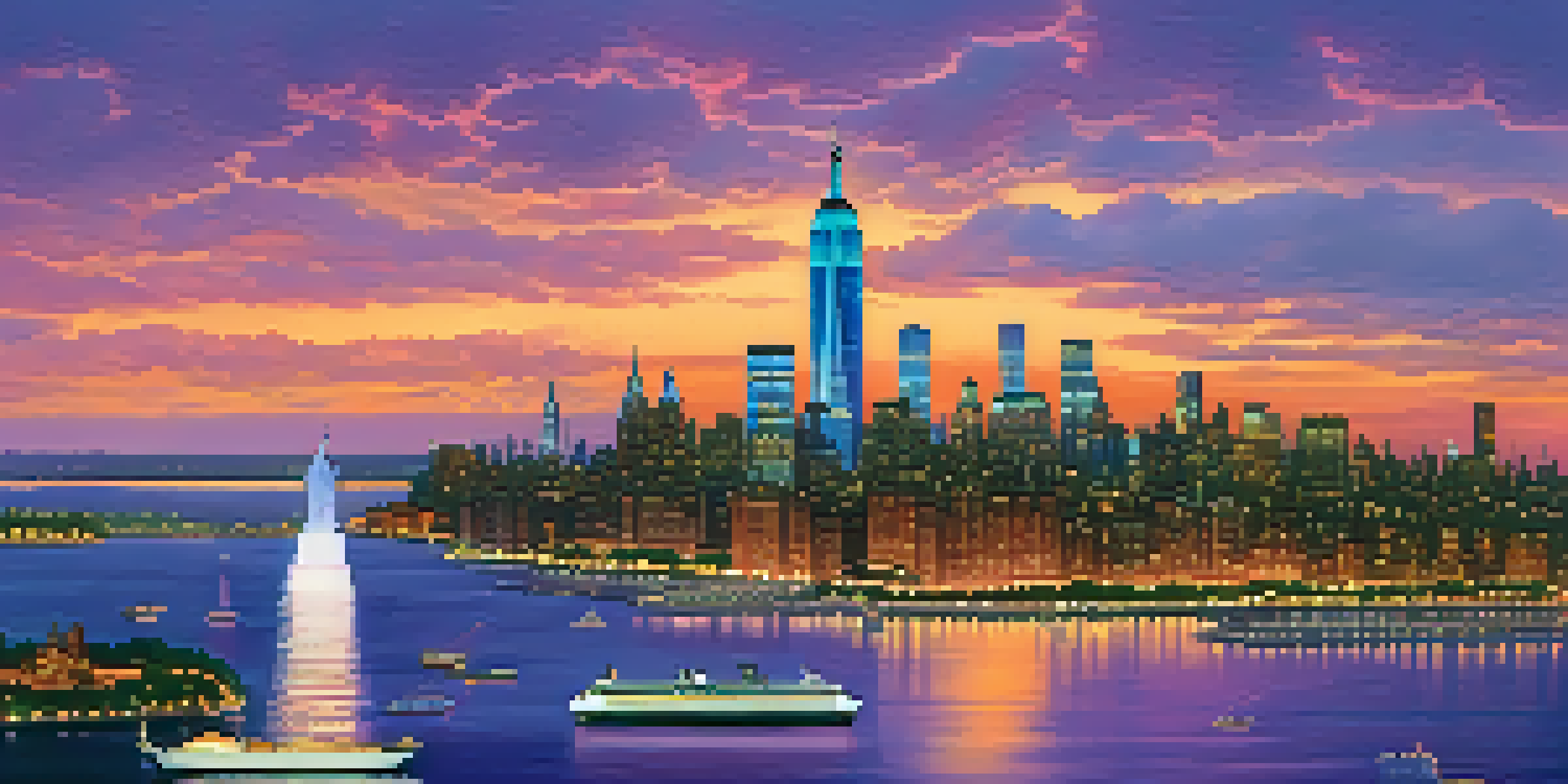 A beautiful sunset over the New York City skyline with the Empire State Building and One World Trade Center visible, and a glistening Hudson River in the foreground.