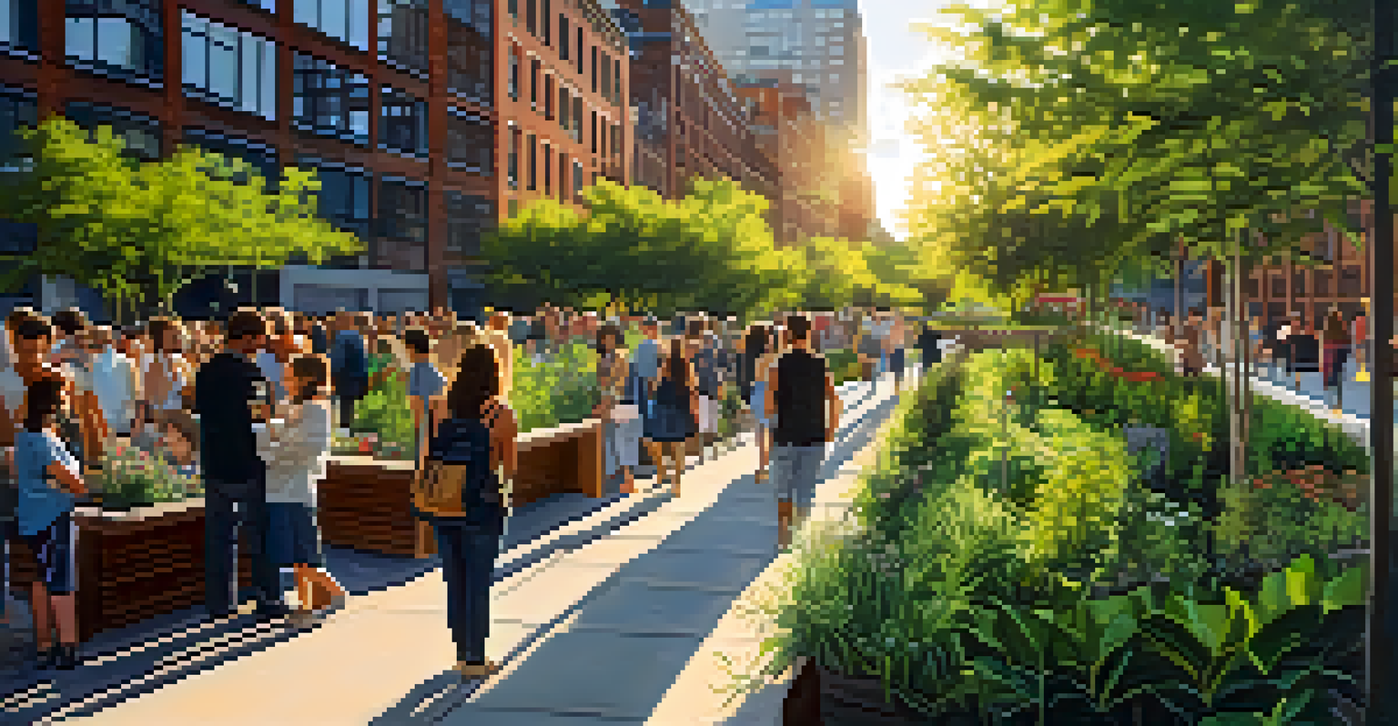 Visitors enjoying the High Line park in Manhattan, surrounded by lush greenery and art installations.