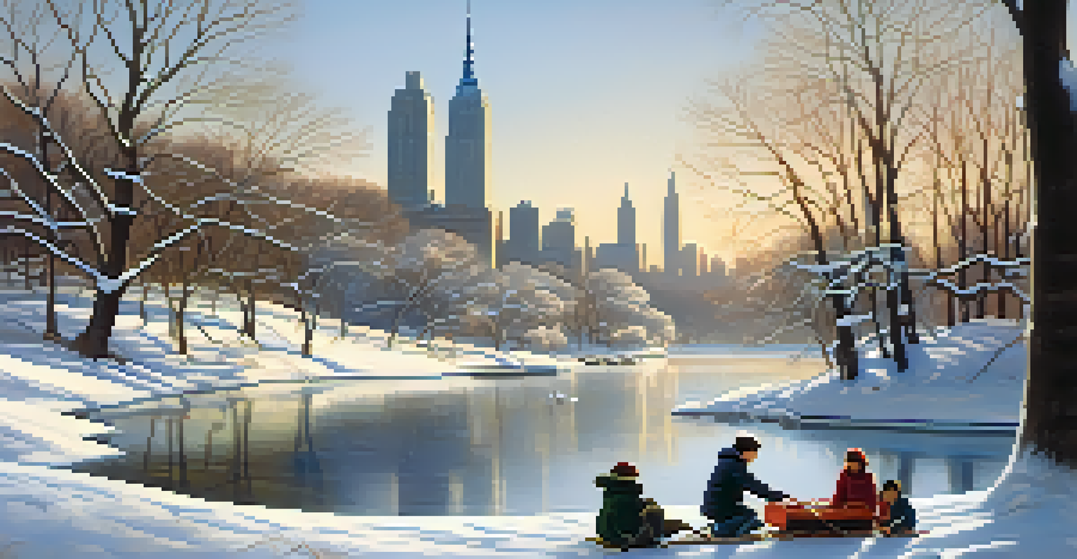 Central Park in New York City covered in snow, with families building a snowman and enjoying sledding.