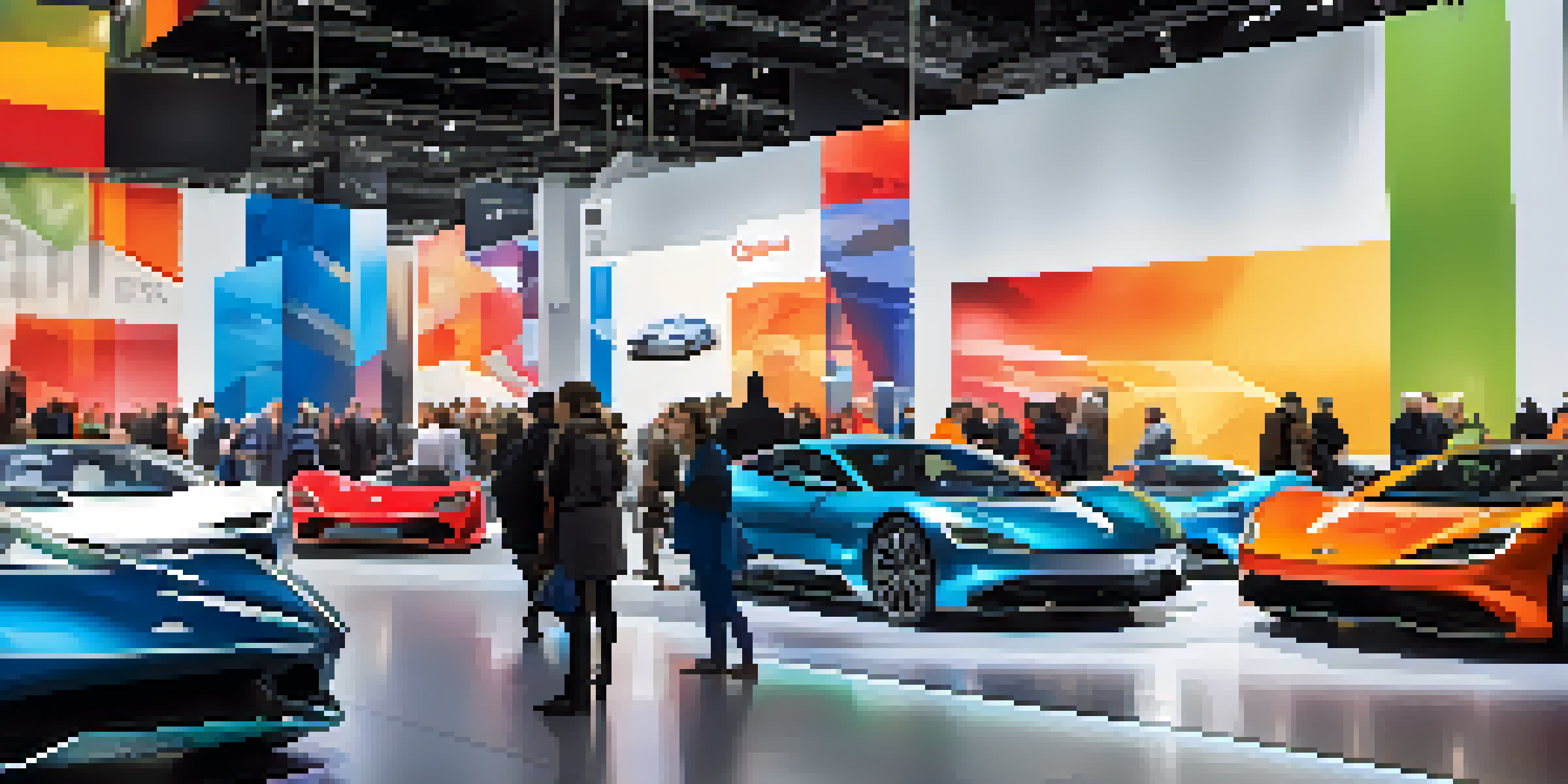 A lively auto show with attendees looking at electric cars under bright lights and colorful banners.
