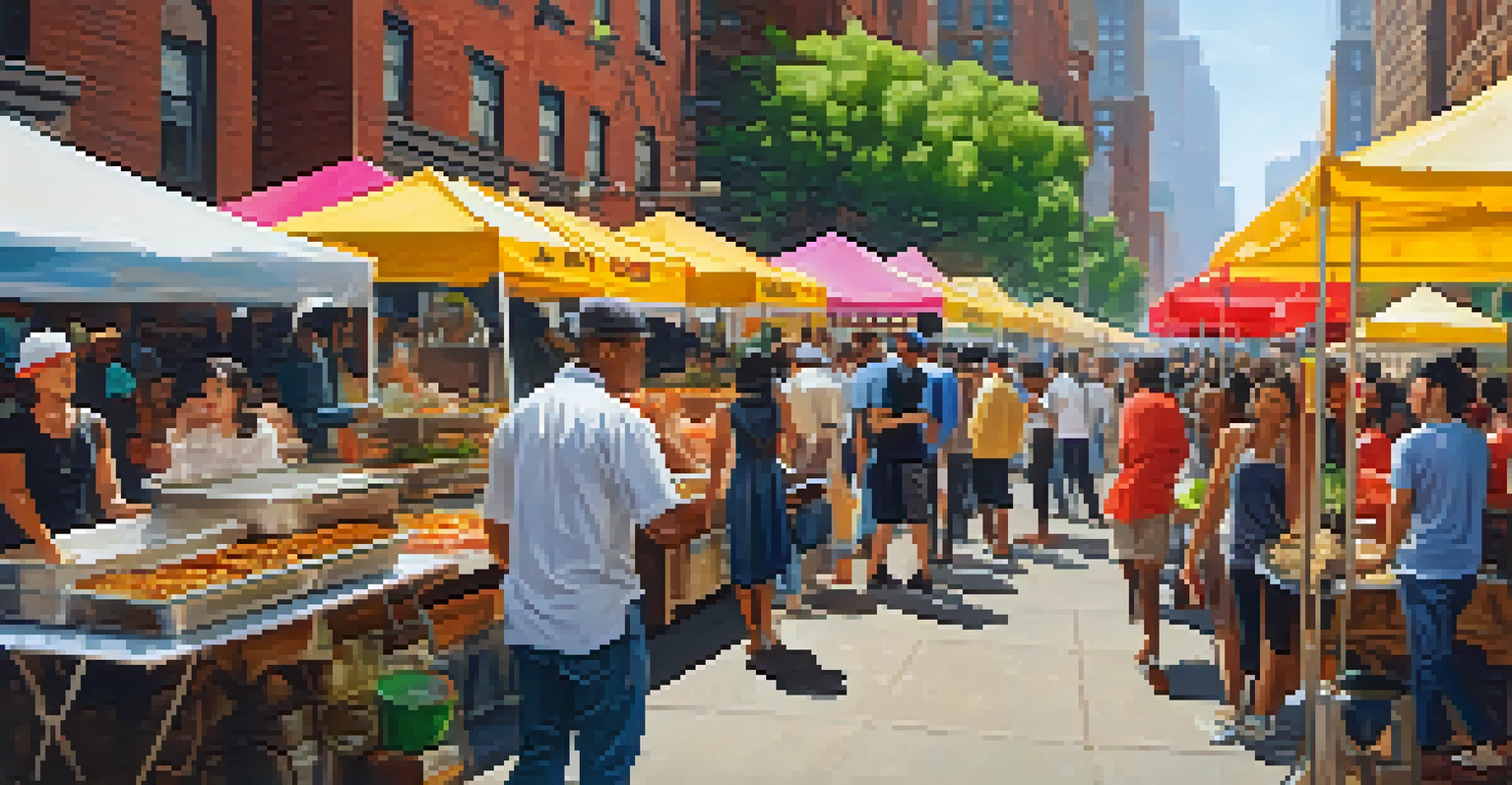 A street food festival in New York City with various food stalls featuring traditional dishes from different cultures and people enjoying the food.