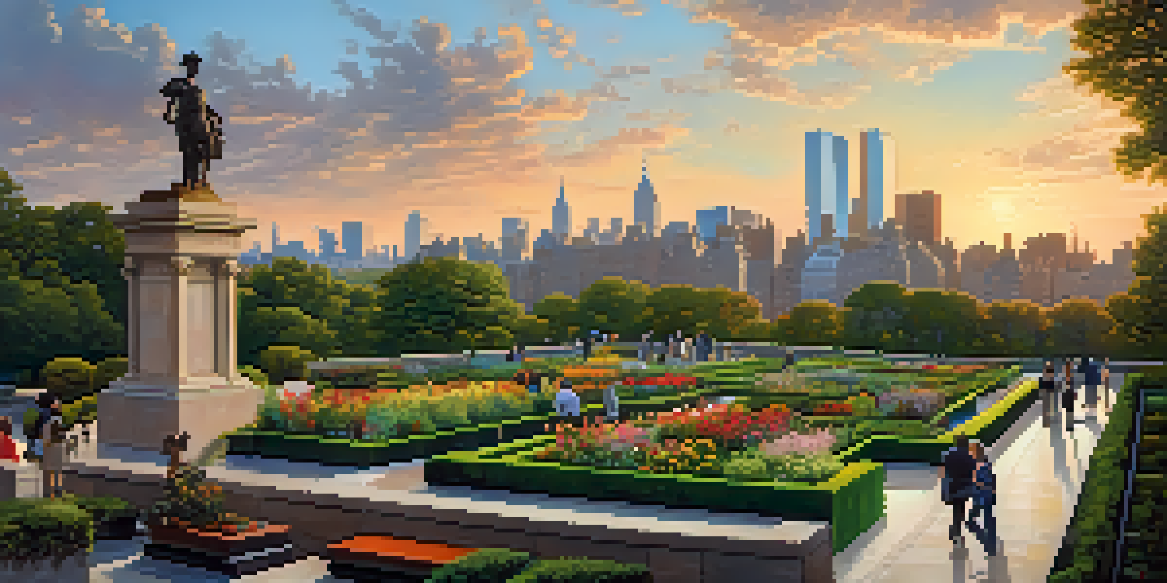 A beautiful sunset view from the rooftop garden of The Met, featuring greenery and the skyline of New York City.
