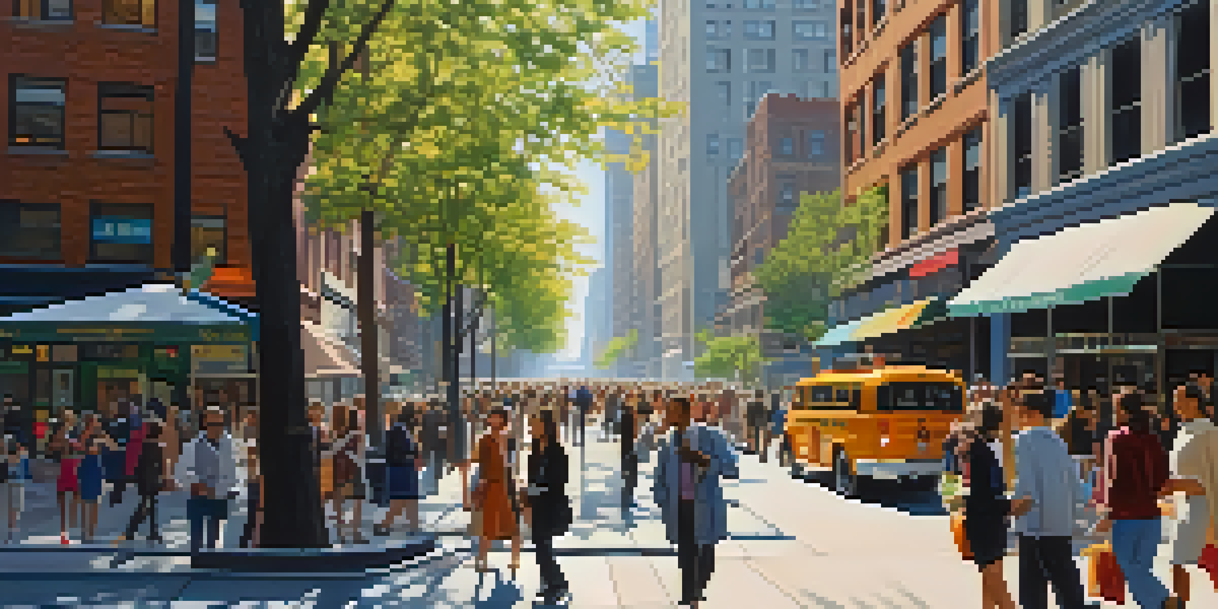 A busy street in New York City filled with pedestrians, trees, and modern buildings under a bright blue sky.