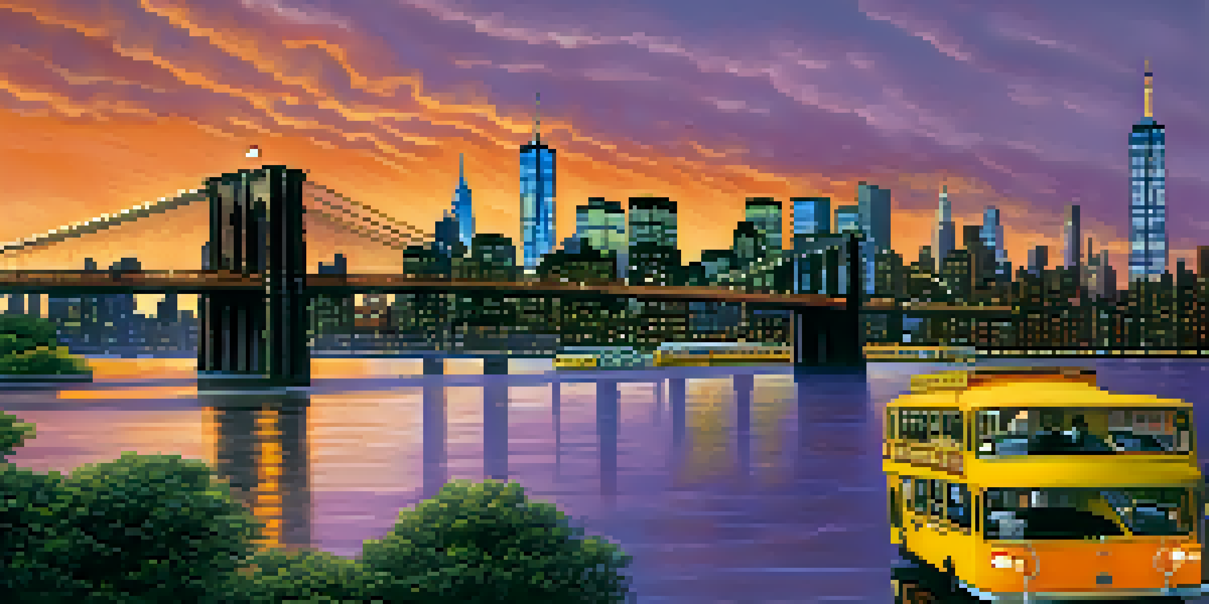 A panoramic view of New York City's skyline at dusk, showcasing illuminated buildings and a colorful sunset, with bustling streets and a reflective river.