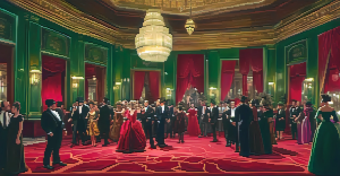 An immersive theater scene in a vintage hotel lobby, with actors in costumes engaging with audience members amidst warm lighting and rich decor.