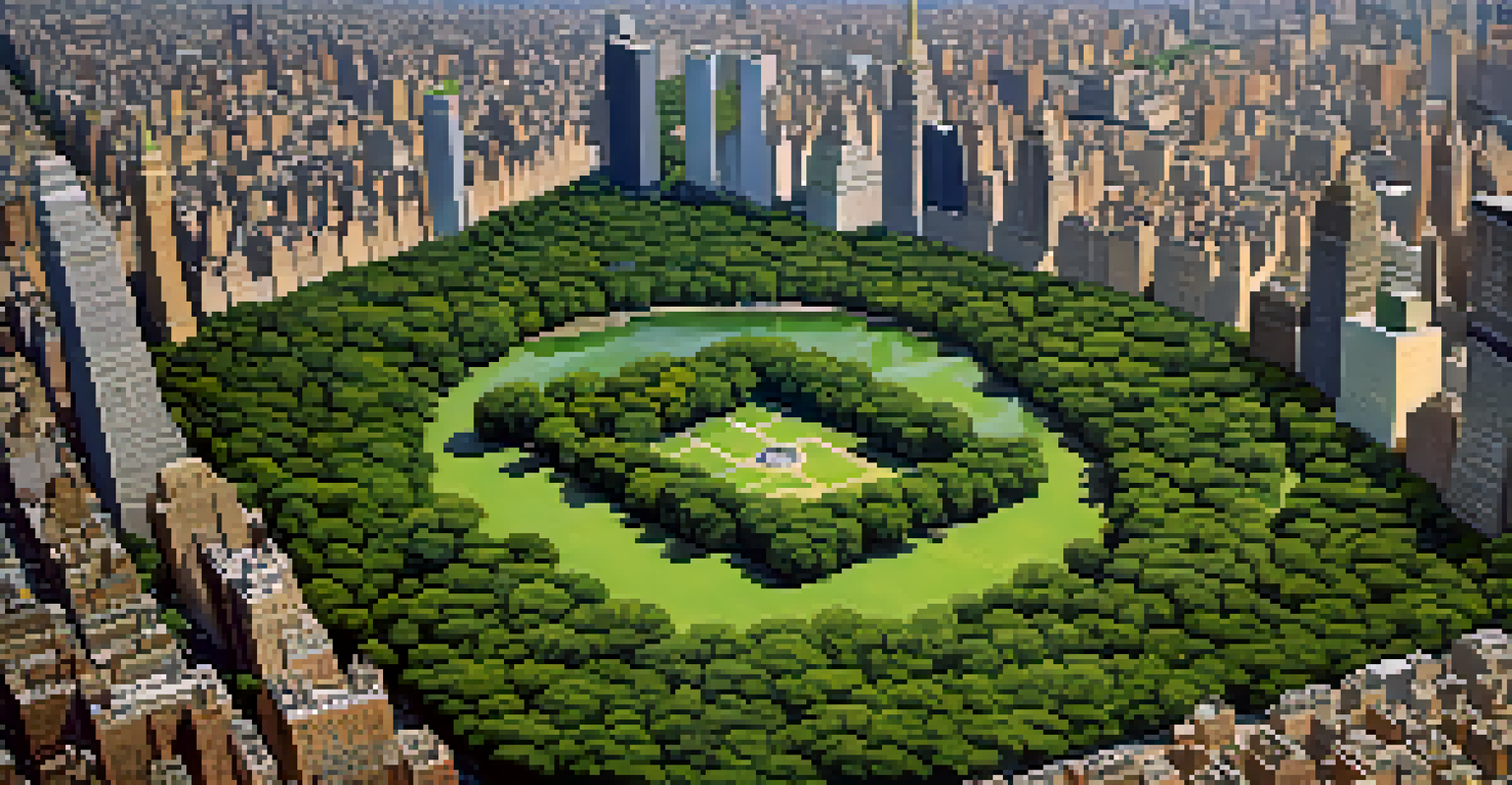 Aerial view of New York City highlighting Central Park surrounded by tall buildings under a clear blue sky.