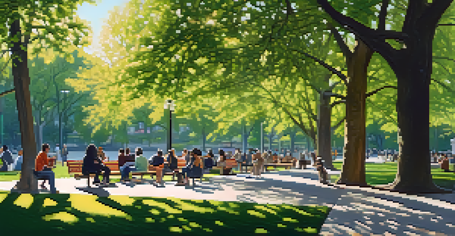 A peaceful park scene in New York City with diverse individuals sitting on benches, talking, and enjoying the sun while maintaining social distance.