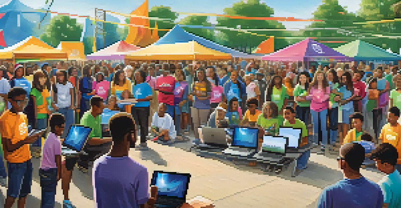 Volunteers at a community event distributing laptops to students, creating a vibrant atmosphere of hope and collaboration.