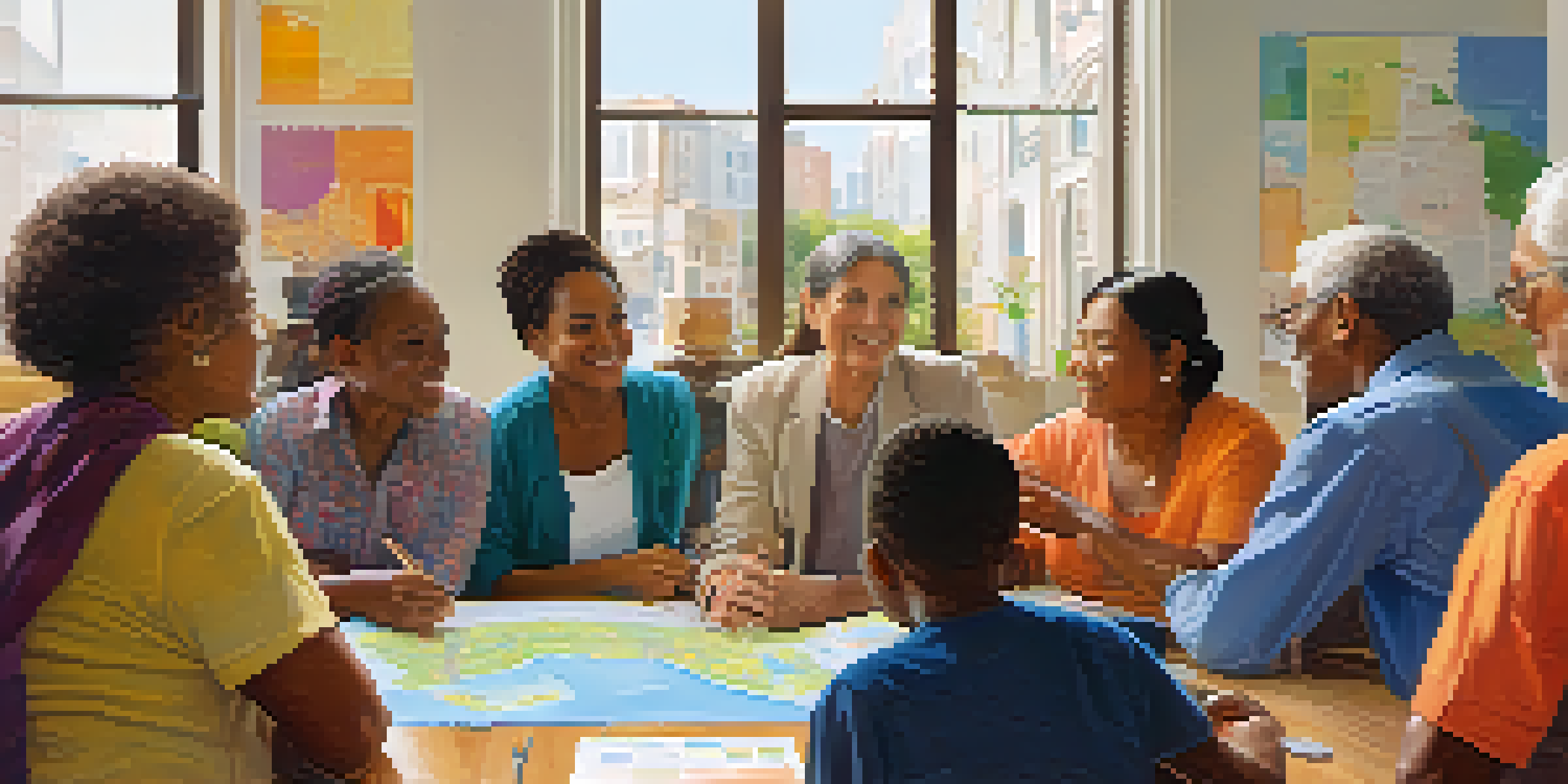 A diverse group of residents actively participating in a community meeting, discussing urban planning with colorful charts and natural light streaming in.