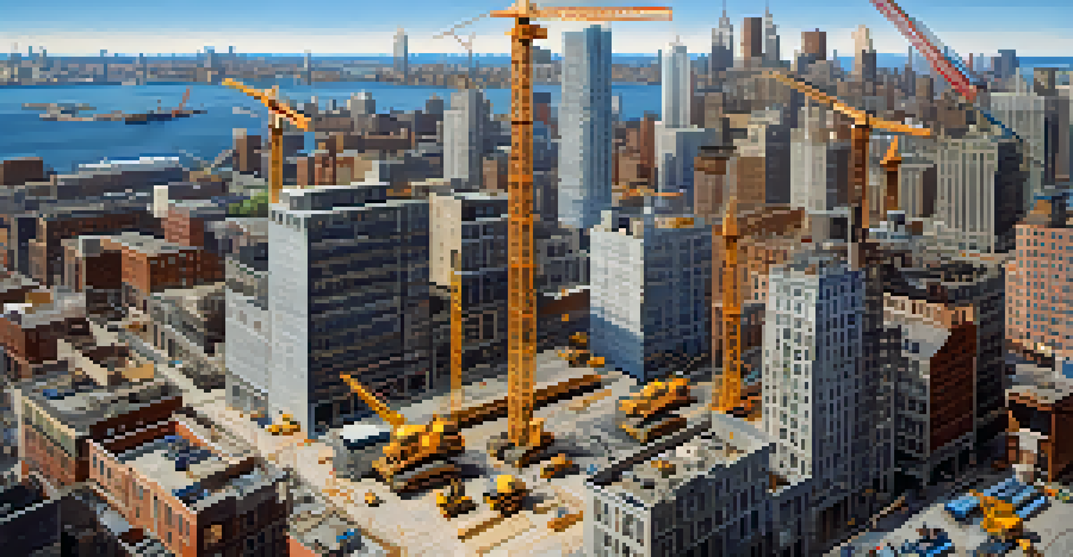 An aerial perspective of a construction site in New York City, with cranes, workers, and a diverse skyline.
