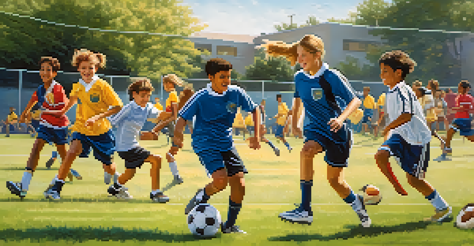 Teenagers actively playing soccer in an after-school sports program, with coaches supporting them from the sidelines in a vibrant outdoor setting.