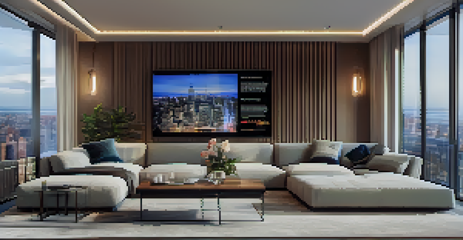 A modern living room in a smart home featuring advanced technology and contemporary design in New York City.