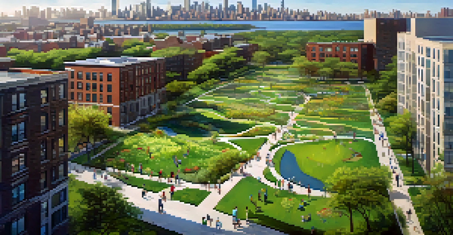 Aerial view of a green infrastructure park in New York City, with families enjoying the space and the skyline in the background.