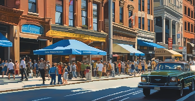 A busy New York City street filled with diverse people, street vendors, and tall buildings, all illuminated by warm afternoon sunlight.