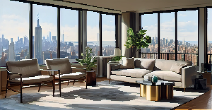 The interior of a modern apartment in New York City, showcasing a stylish living room with large windows and contemporary decor.