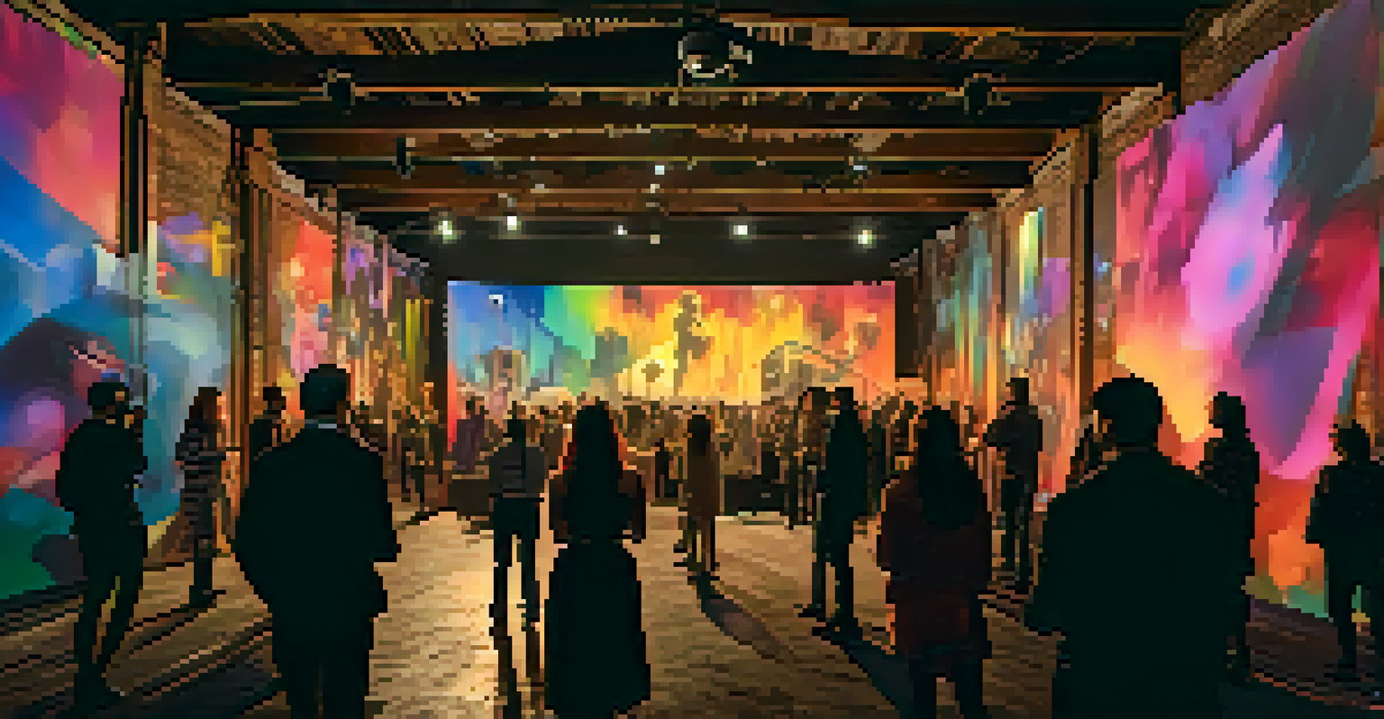 Audience members exploring an immersive theater installation in an abandoned warehouse, surrounded by art and colorful lighting in a dynamic atmosphere.