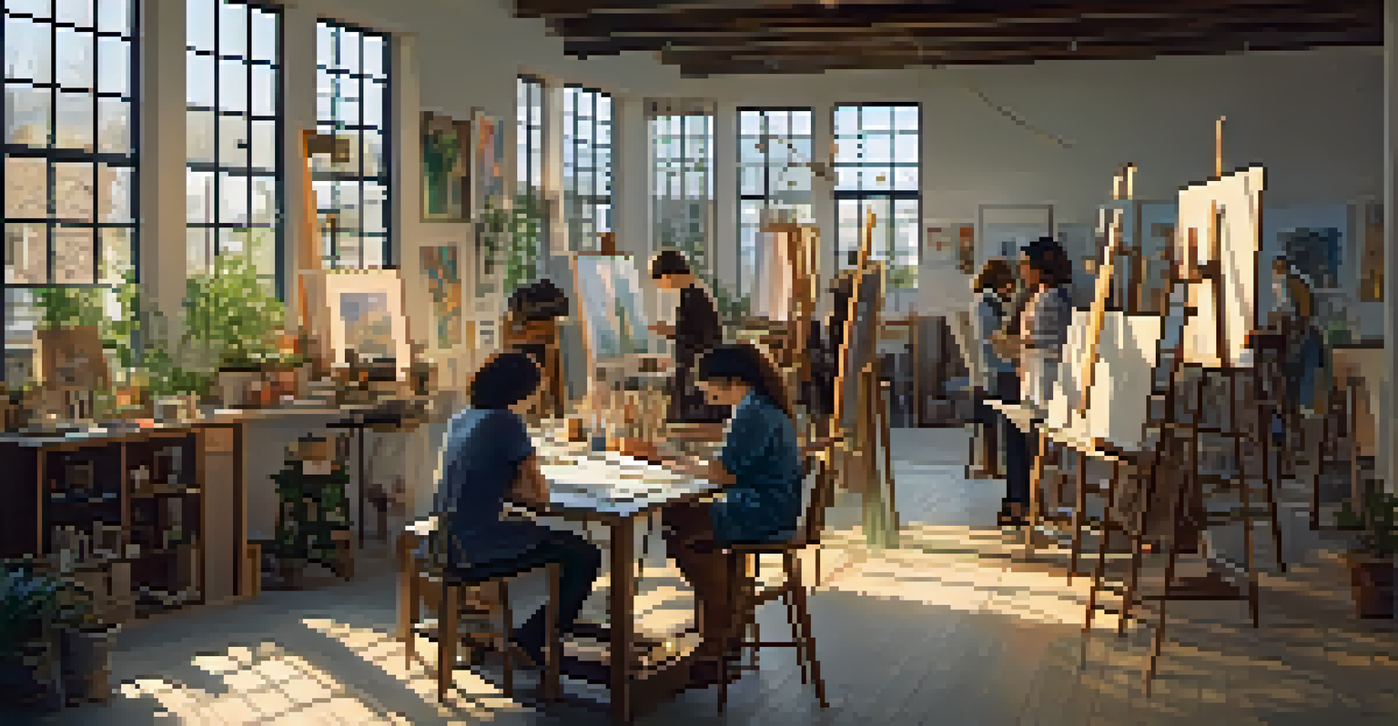 A cozy art workshop featuring diverse young artists creating their artworks in a bright studio.