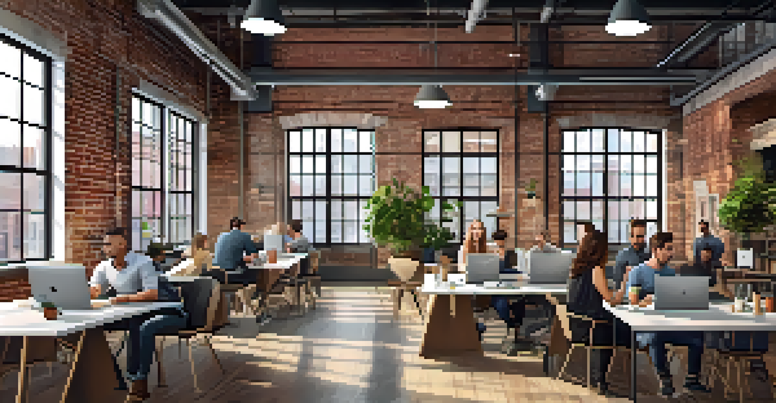 A modern coworking space in New York City with freelancers collaborating around a table, surrounded by exposed brick walls and natural light.