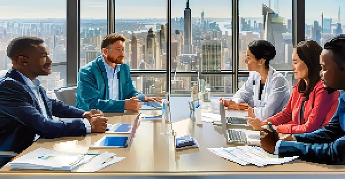 A diverse group of health professionals engaged in a discussion about global health in a conference room with a view of the NYC skyline.