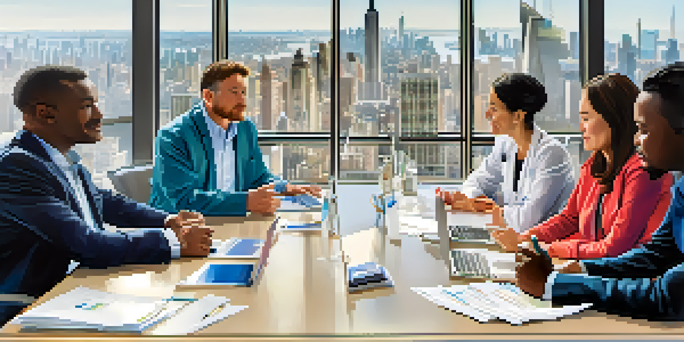 A diverse group of health professionals engaged in a discussion about global health in a conference room with a view of the NYC skyline.