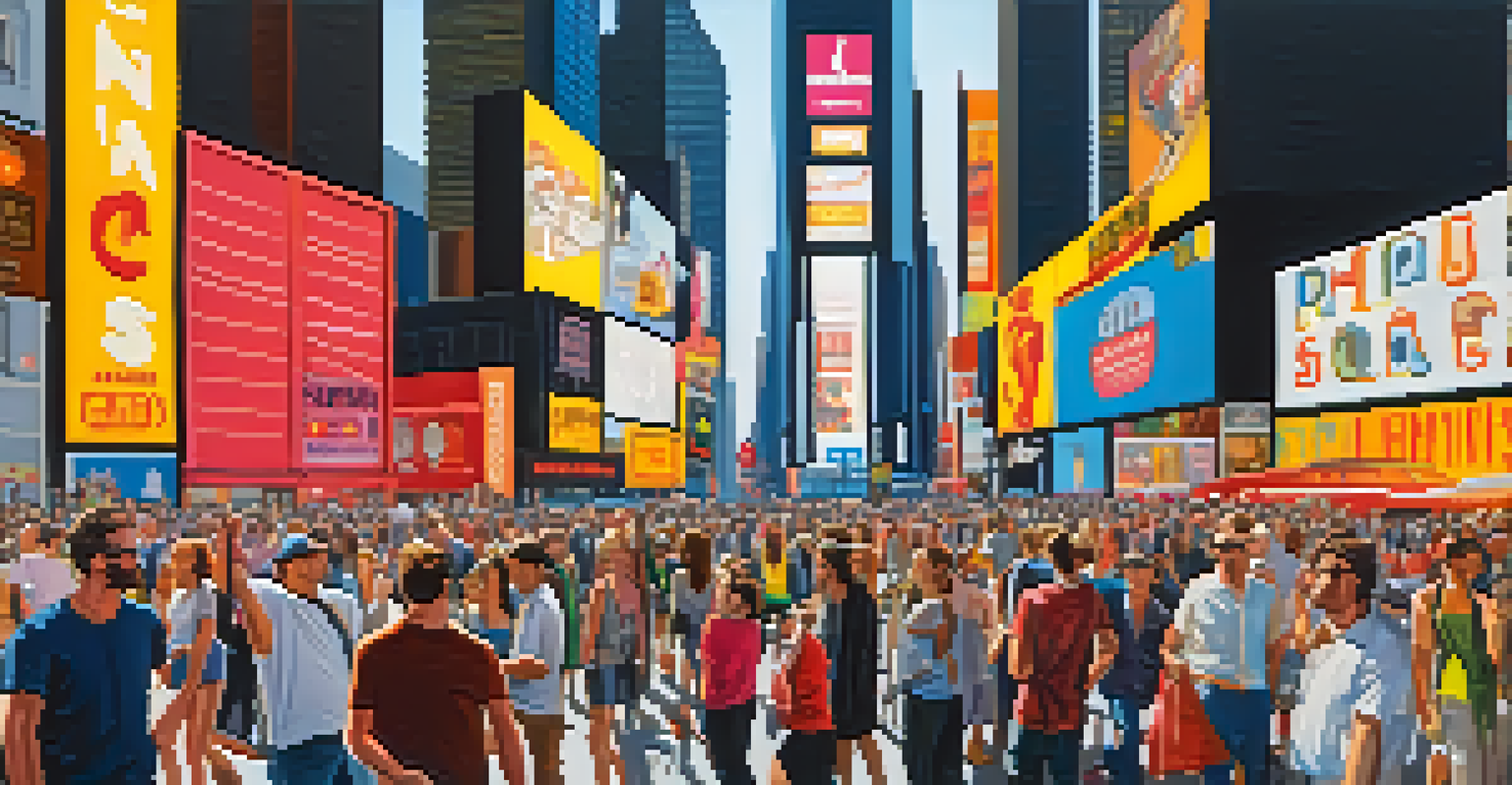 Tourists enjoying a sunny day in Times Square, surrounded by bright billboards and crowds.