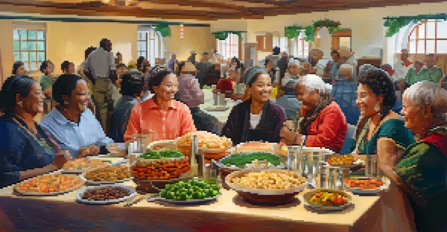 Volunteers sharing traditional foods and stories at a cultural exchange event in a community center.