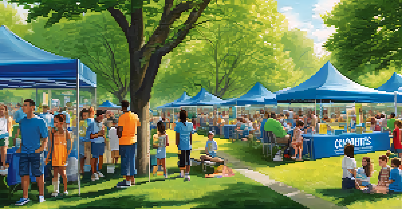 A community gathering in a park to promote water quality awareness, with families and informative booths.