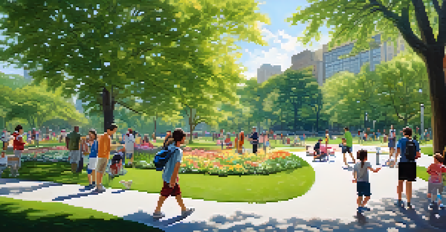 Children with special needs engaging in recreational activities in a lush NYC park, surrounded by supportive parents and volunteers, with vibrant greenery and flowers.