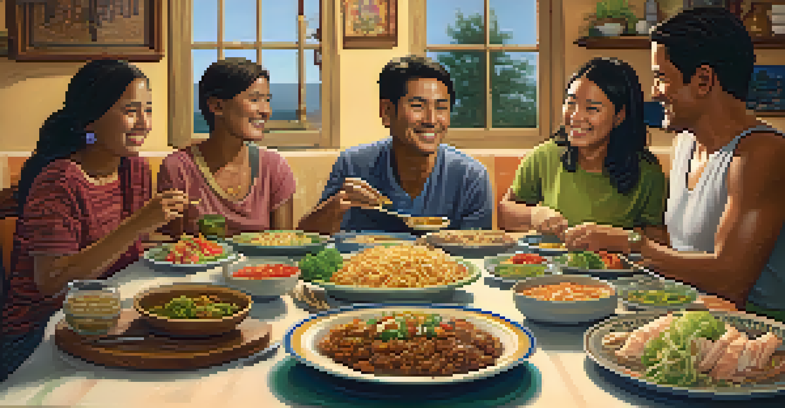 A diverse immigrant family enjoying a meal together, featuring a variety of traditional dishes and a warm, inviting atmosphere.