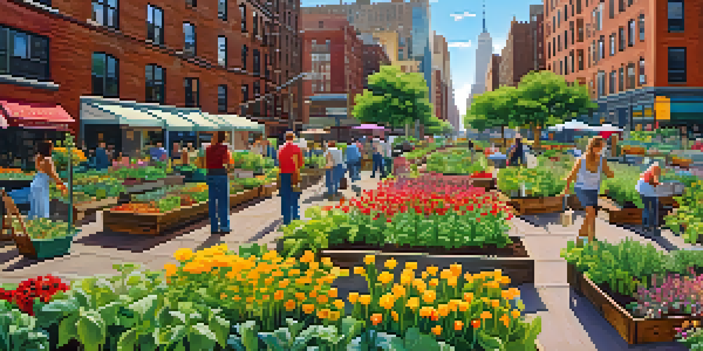 A lively community garden in NYC showcasing diverse volunteers working among colorful flowers and vegetables under a clear blue sky.