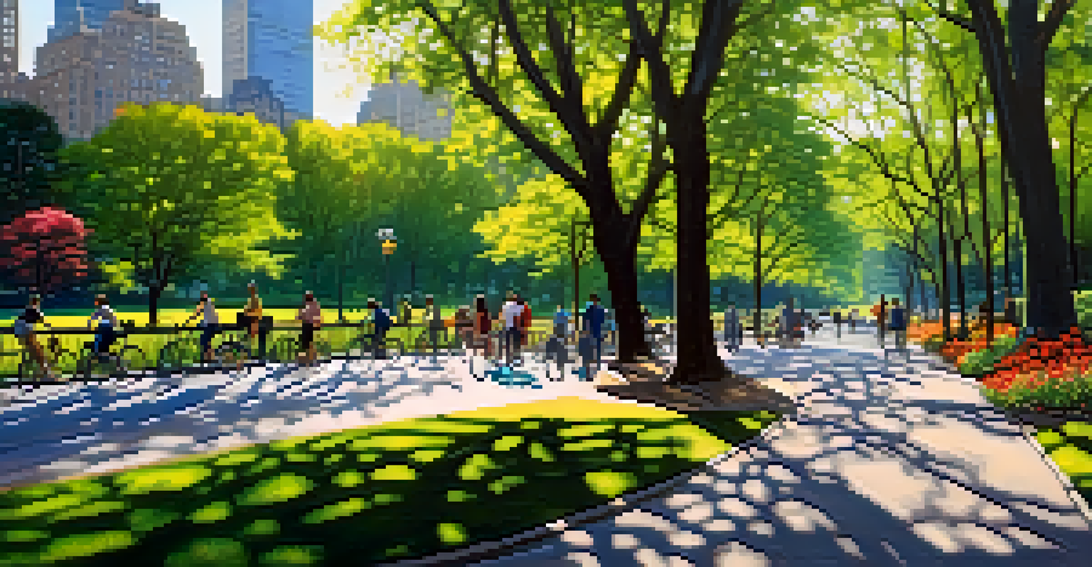 A peaceful scene in Central Park with people walking and cyclists, surrounded by greenery and sunlight.