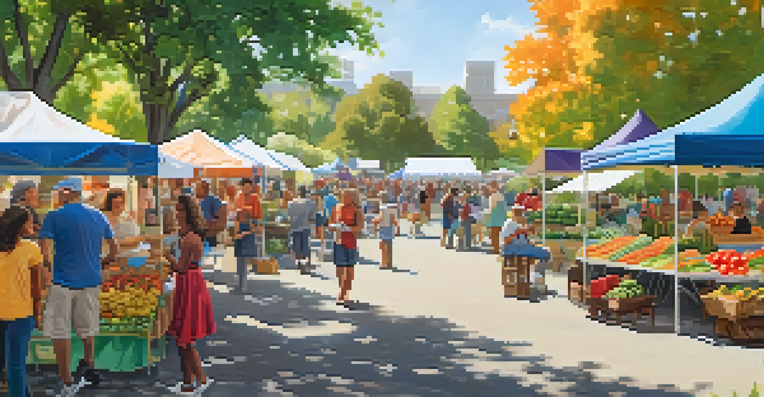 A lively farmers' market in a community park with vendors and residents, showcasing fresh produce and handmade goods.