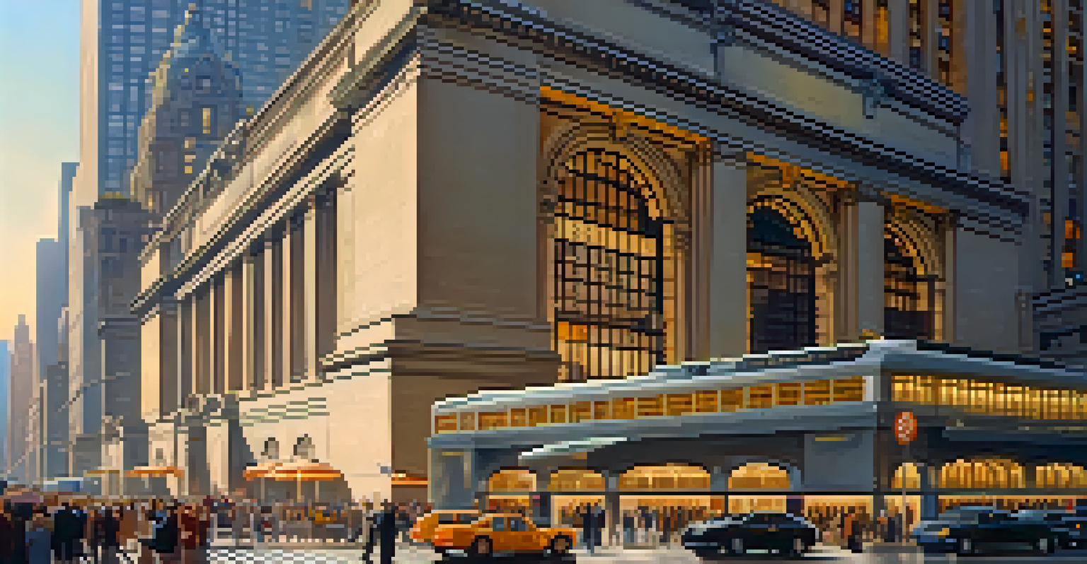 An exterior view of Grand Central Terminal, showcasing its grand façade in golden hour light, with pedestrians and vehicles in front.