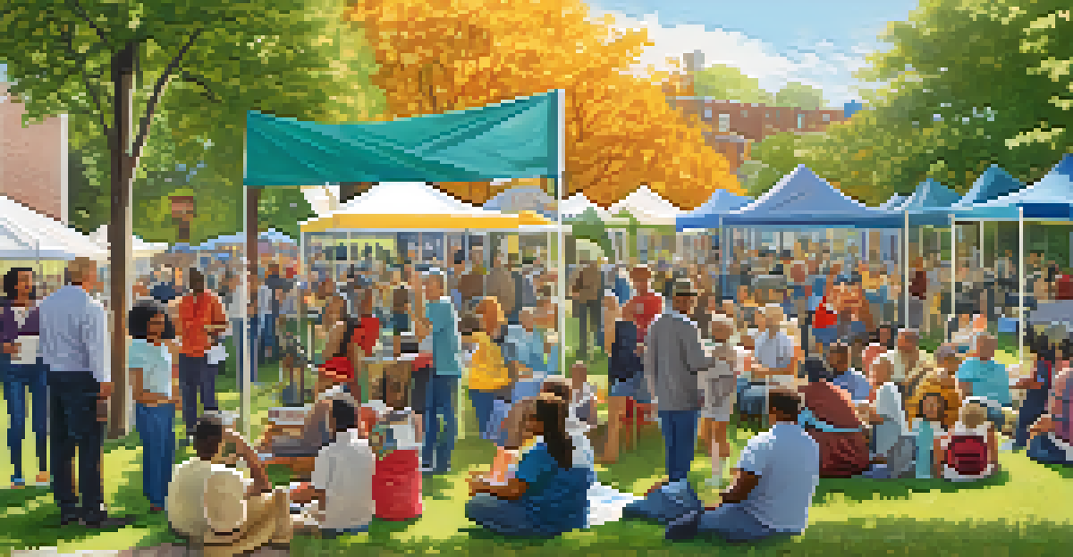 A community gathering in a park with diverse residents discussing local news, with a banner promoting local journalism in the background.