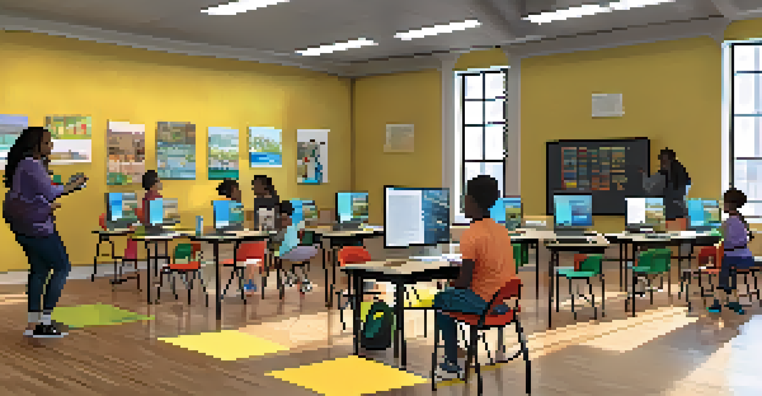 A community workshop with parents and children learning about digital literacy, surrounded by educational materials.